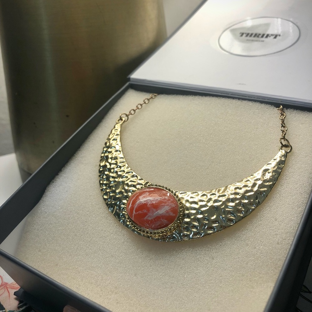 Gold Bib Necklace with Orange Gem